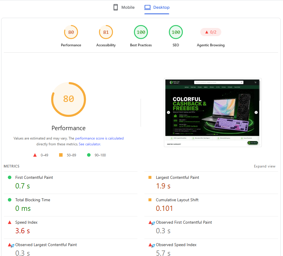 PageSpeed Insights desktop report for Computer Bucket