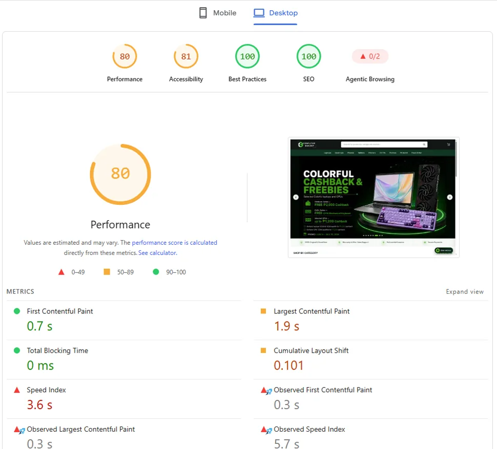 PageSpeed Insights desktop report for Computer Bucket